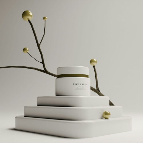 White jar of face cream on stacked plinths with a botanical branch
